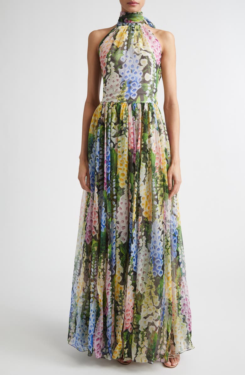 Oscar de la Renta Foxglove Gathered Silk Chiffon Gown, Main, color, Black Multi