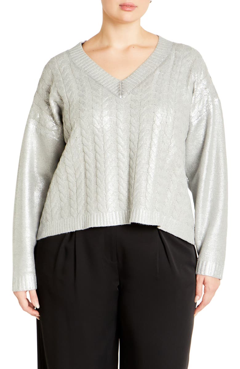 City Chic Iliana Metallic Cable Stitch Sweater, Main, color, 