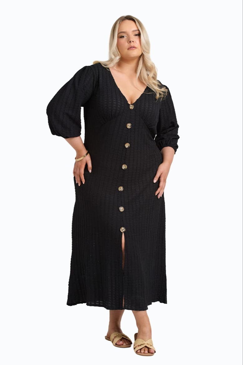Balloon Sleeve Button Front Midi Dress, Alternate, color, Black