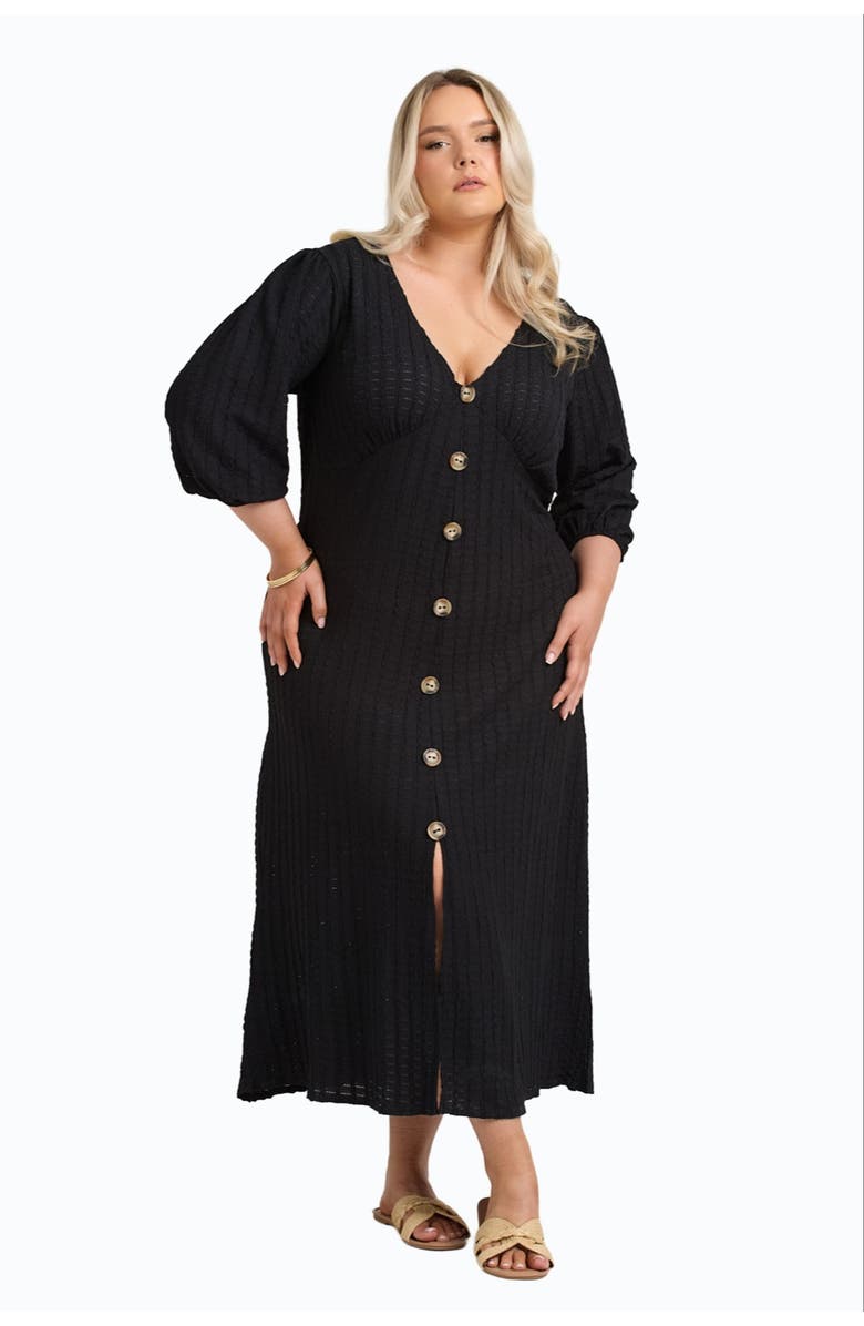 FASHION-SZN CURVE Balloon Sleeve Button Front Midi Dress, Alternate, color, Black