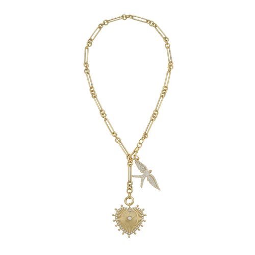 LIONHEART LIONHEART 14K GOLD CASSANDANE LARGE HEART & WINGS OF LOVE SWALLOW TROMBONE NECKLACE 