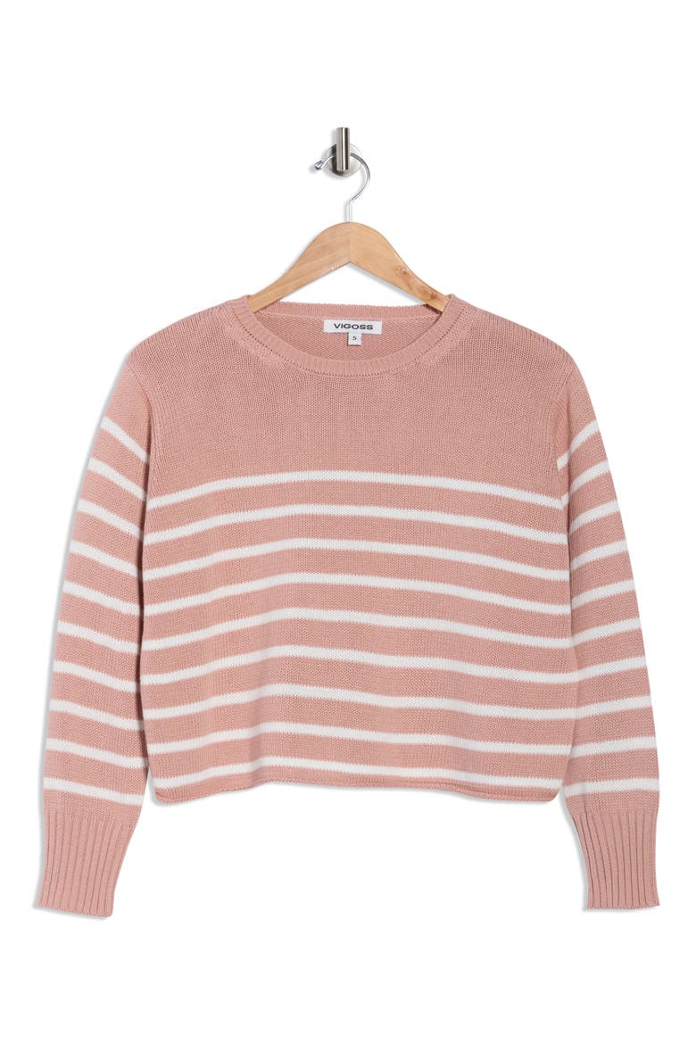 Stripe Boxy Crop Cotton Blend Sweater, Alternate, color, MISTY ROSE/ CREM