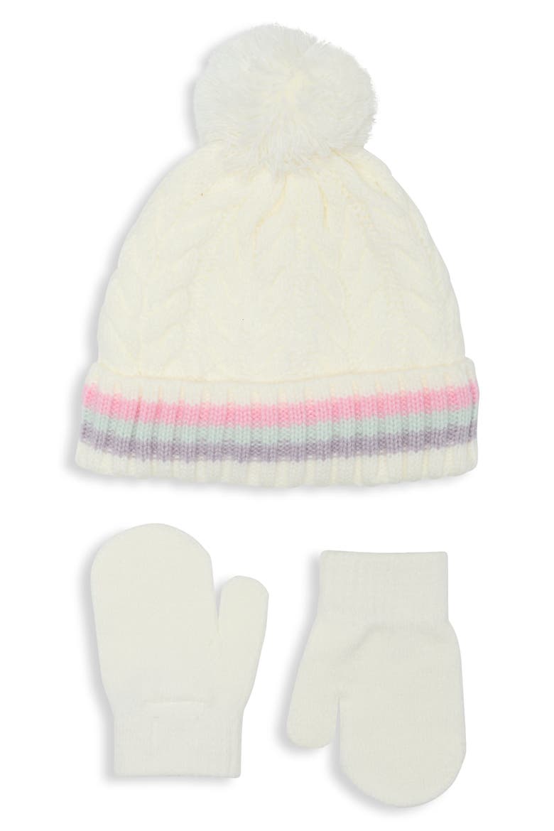 Kids' Cable Stitch Bows Faux Fur Pompom Beanie & Mittens Set, Main, color, IVORY COMBO