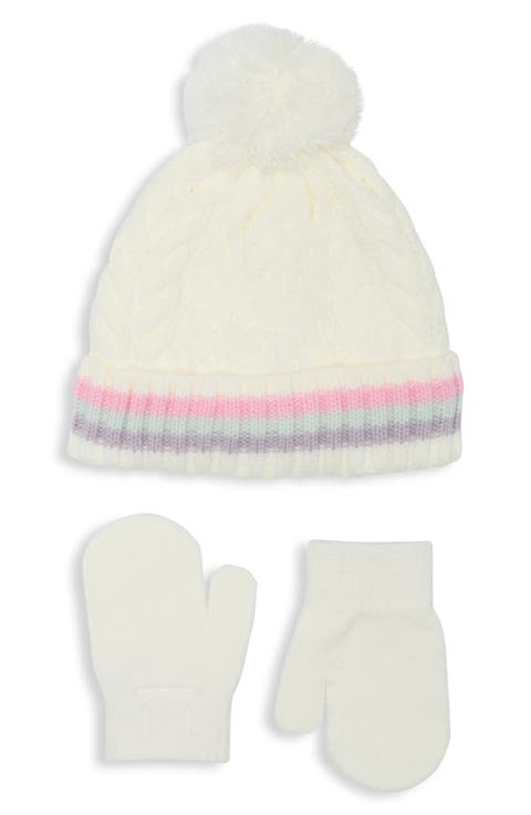 Kids' Cable Stitch Bows Faux Fur Pompom Beanie & Mittens Set