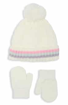 Kids' Cable Stitch Bows Faux Fur Pompom Beanie & Mittens Set