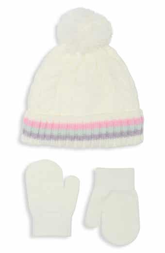 Kids' Cable Stitch Bows Faux Fur Pompom Beanie & Mittens Set