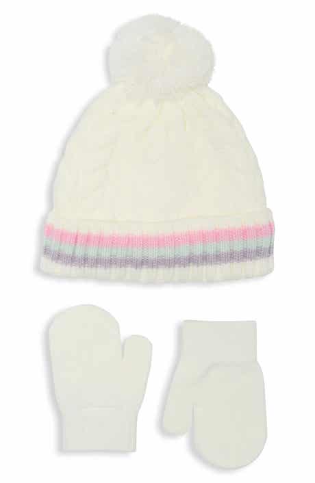 Cable Stitch Bows Faux Fur Pompom Beanie & Mittens Set