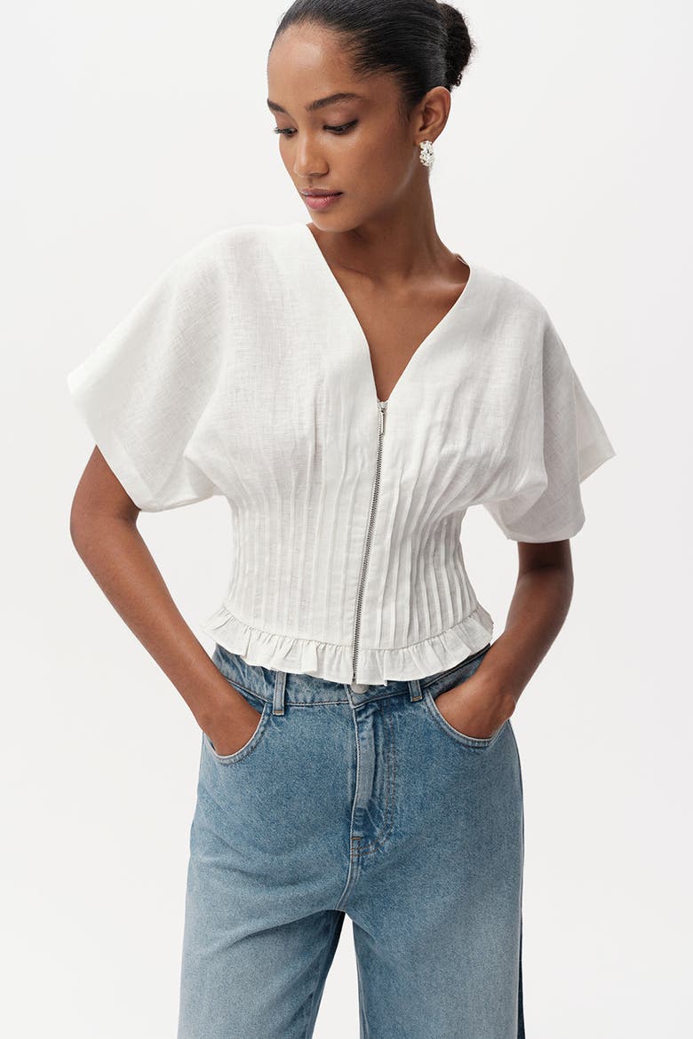 Cherelle Pleated Detail Linen Blouse, Alternate, color, White