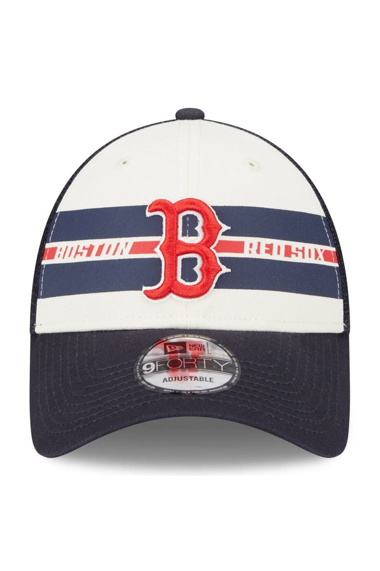 Men's New Era White/Navy Boston Red Sox Team Stripe Trucker 9FORTY Snapback Hat, Alternate, color, White