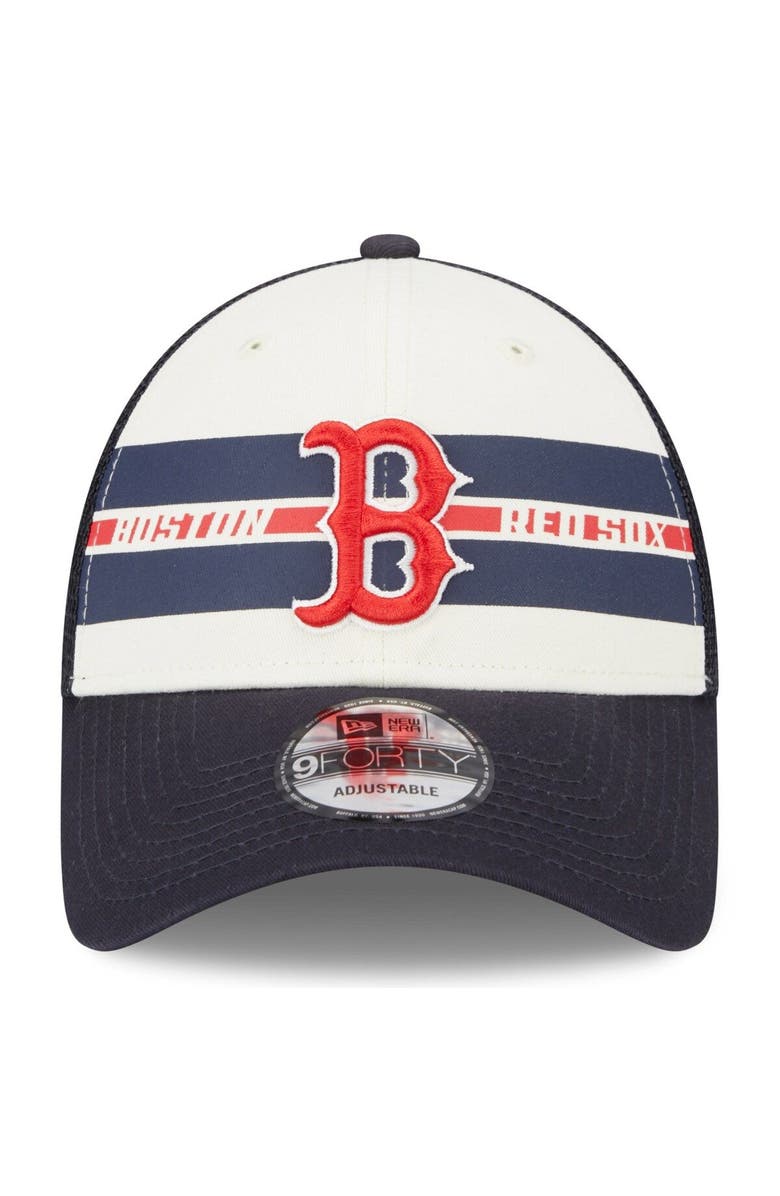 New Era Men's New Era White/Navy Boston Red Sox Team Stripe Trucker 9FORTY Snapback Hat, Alternate, color, White