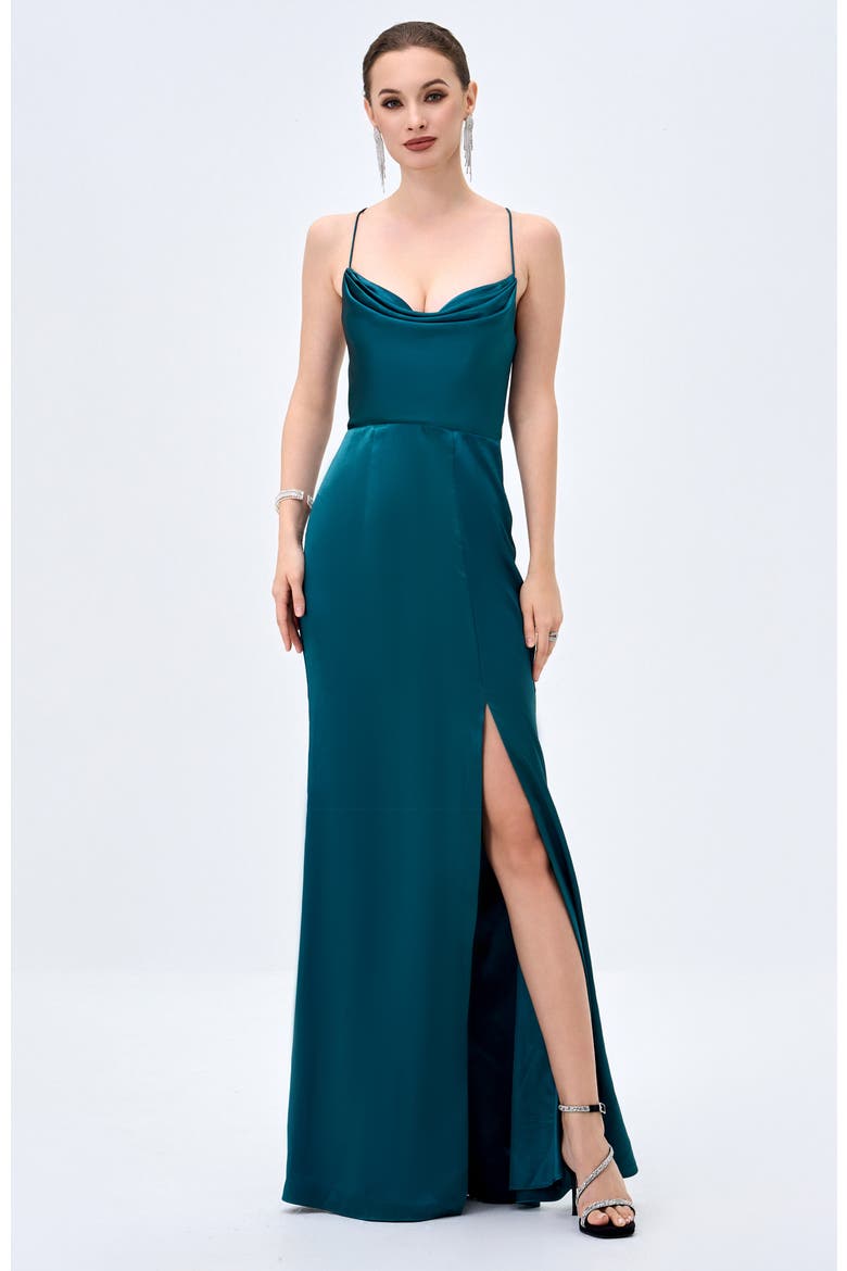Stephanie Cowl Draped Satin Gown, Alternate, color, EMERALD