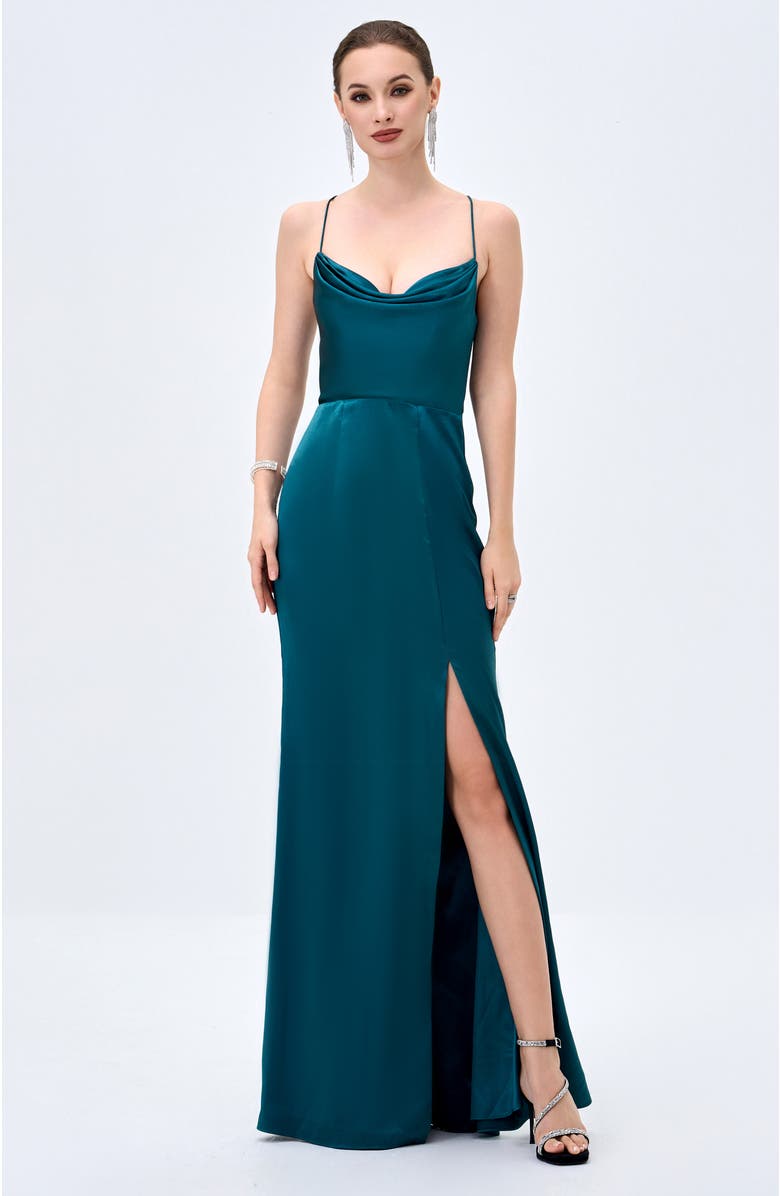 Bariano Stephanie Cowl Draped Satin Gown, Alternate, color, Emerald