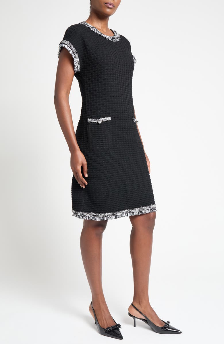 Ming Wang Modern Fit Fringe Trim Tweed Dress, Alternate, color, Black/ White