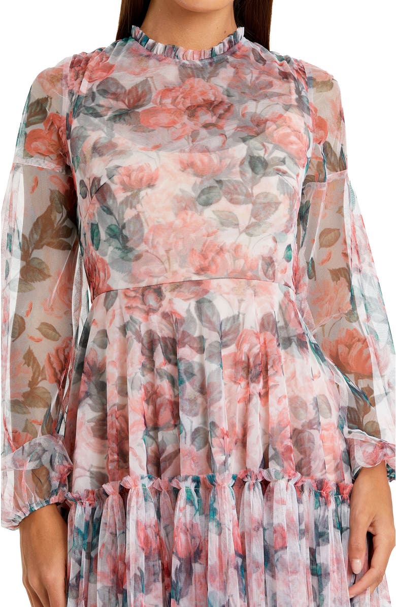 Mac Duggal Long Sleeve High Neck Long Balloon Sleeve Midi Dress, Alternate, color, White Multi