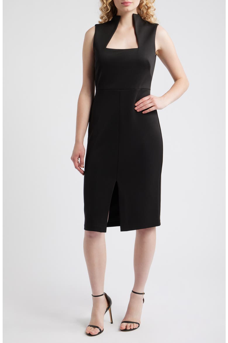 Laser Cut Scuba Crepe Sheath Dress, Main, color, BLACK