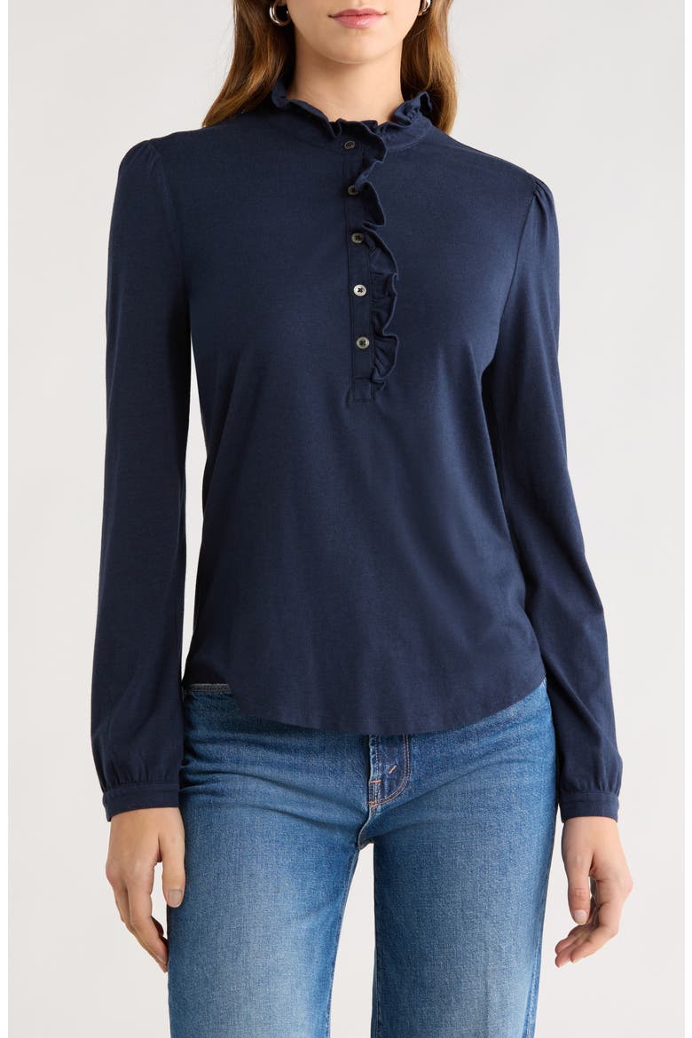 Ruffle Detail Henley Shirt, Main, color, NAVY STILL