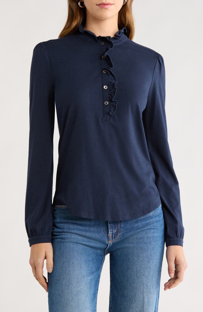 Caslon<sup>®</sup> Ruffle Detail Henley Shirt, Main, color, Navy Still