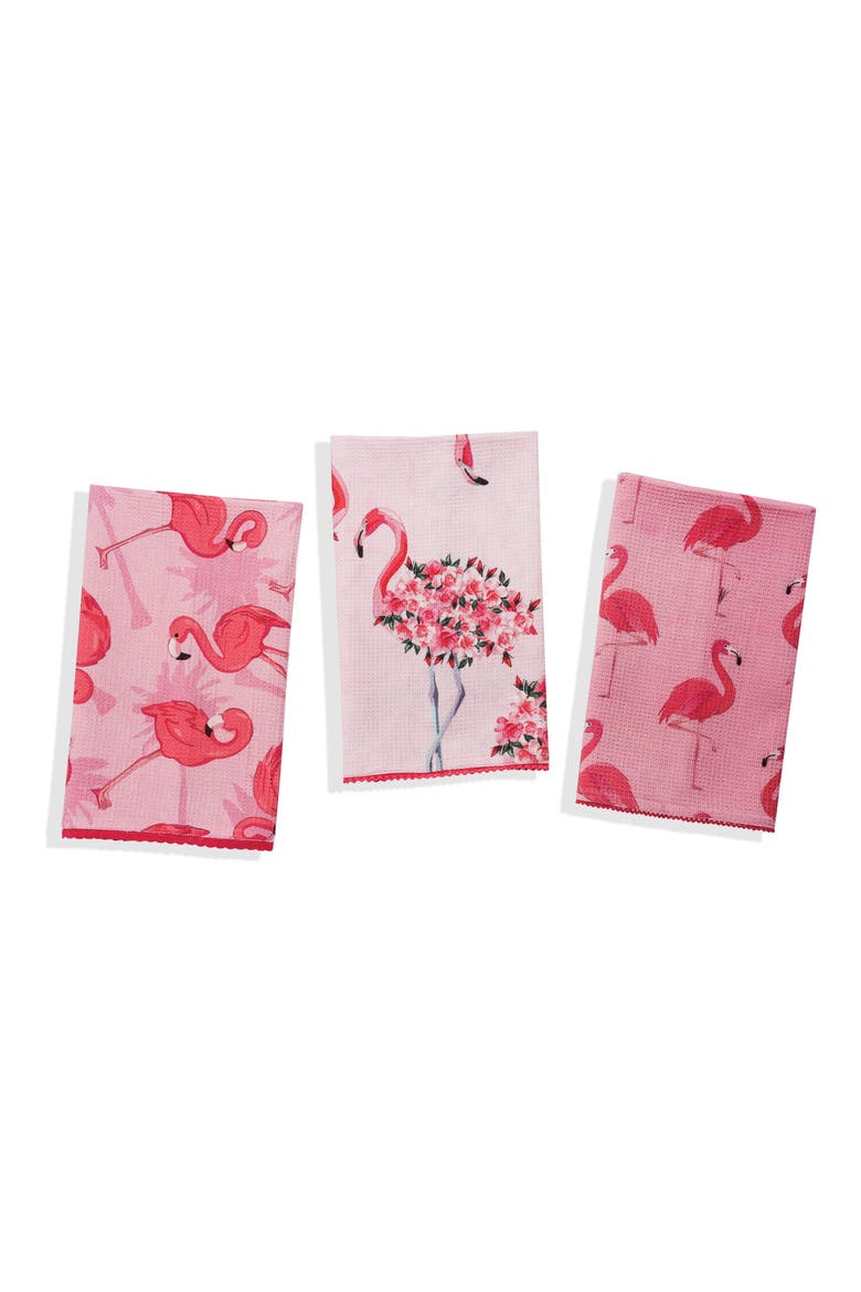 Set of Three Tropical Flamingo Kitchen Towels, Main, color, FLAMINGO PINK / CORAL