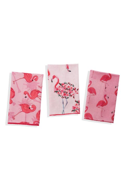 Set of Three Tropical Flamingo Kitchen Towels