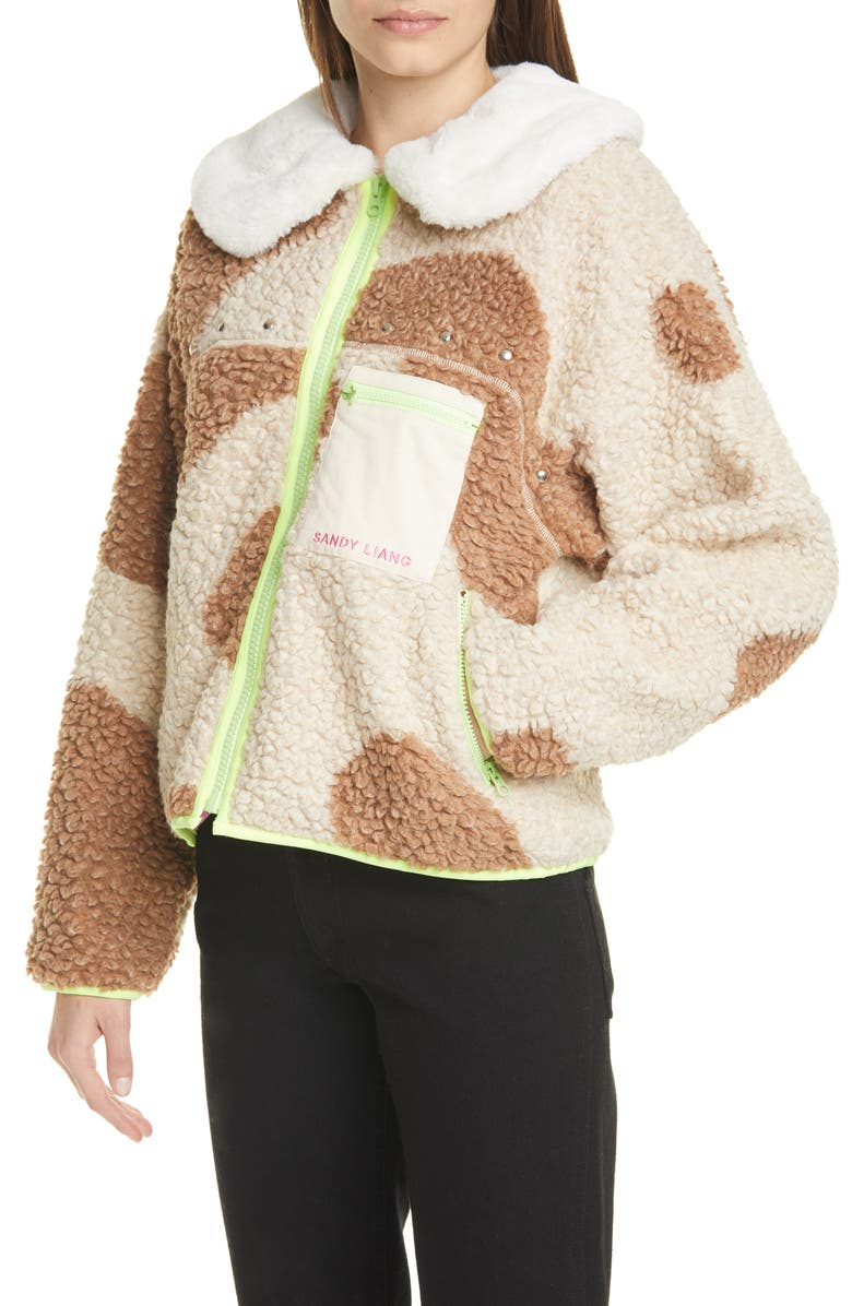 Sandy Liang Bells Faux Fur Collar Fleece Jacket, Alternate, color, 