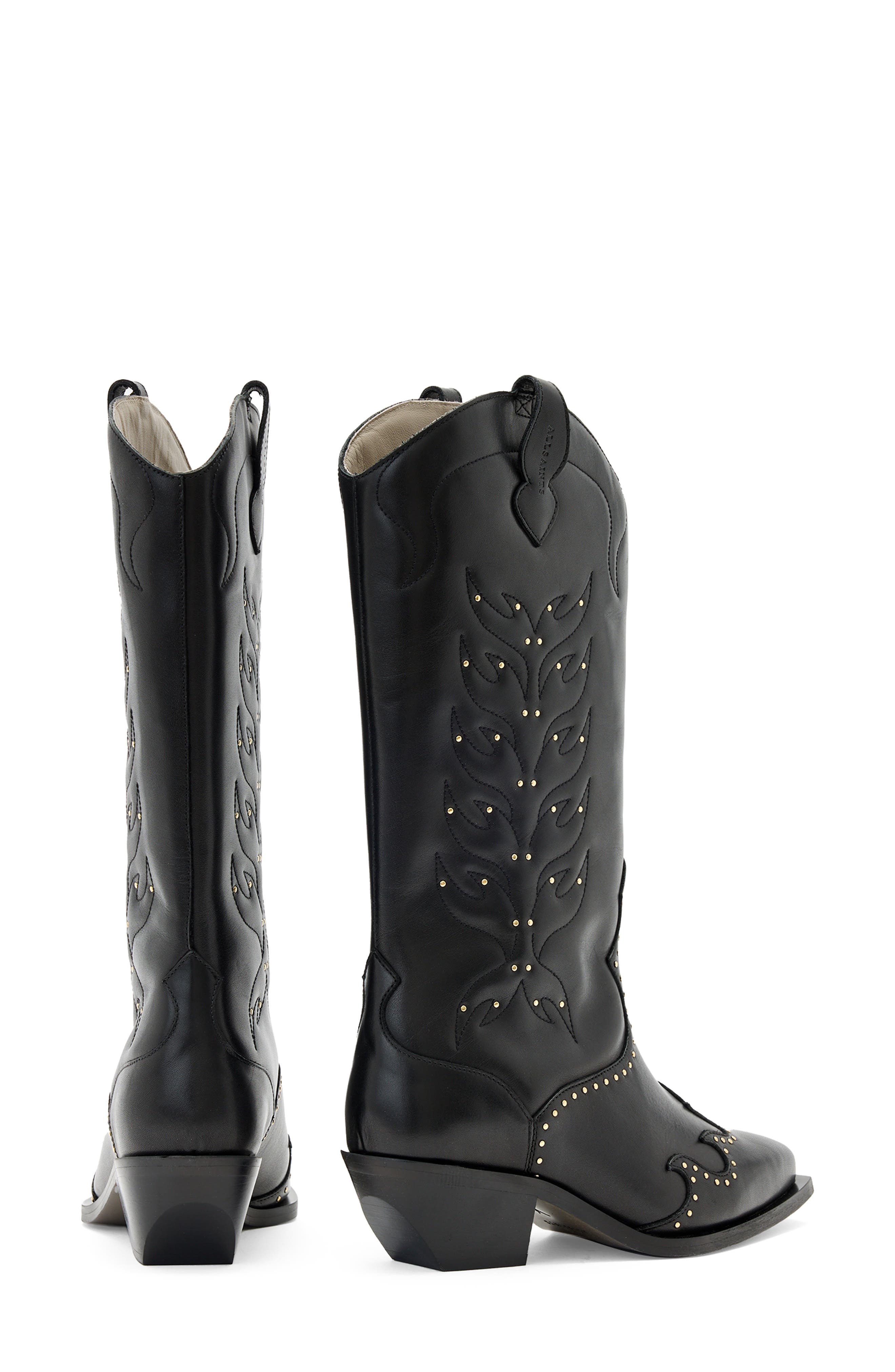 AllSaints Dolly Studded Western Boot, Alternate, color, Black