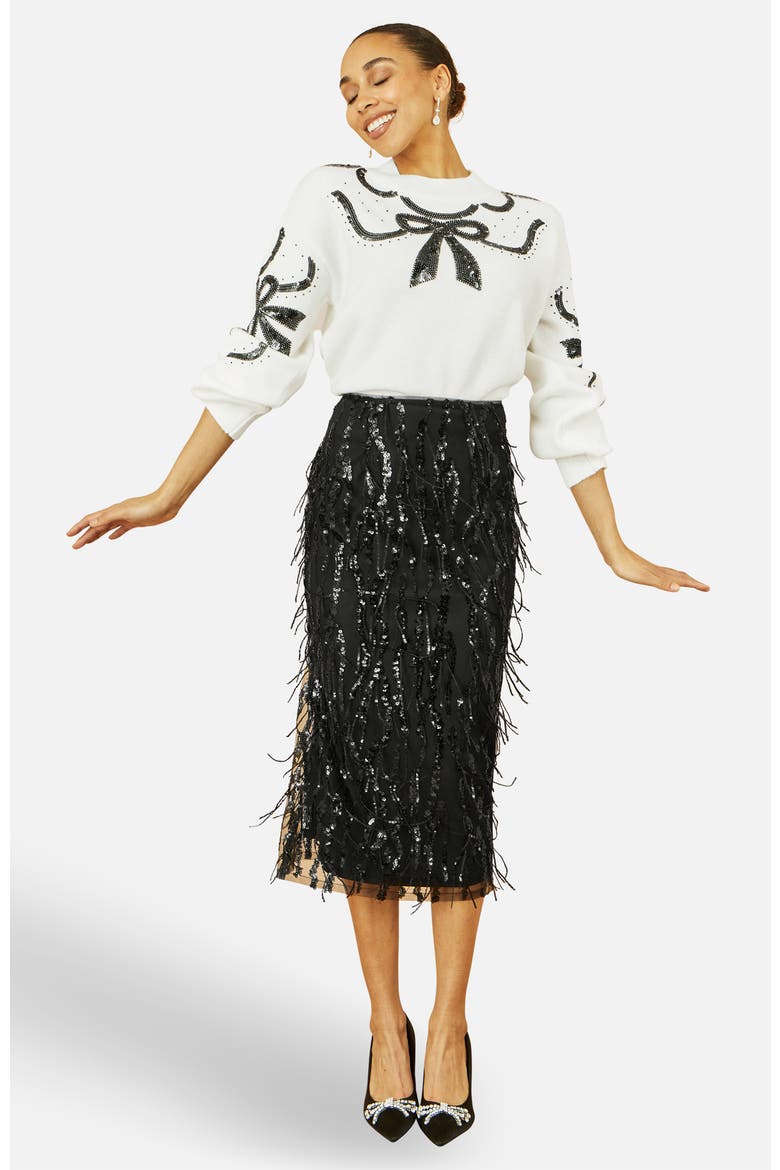Hanging Sequin Fitted Midi Skirt, Alternate, color, Black