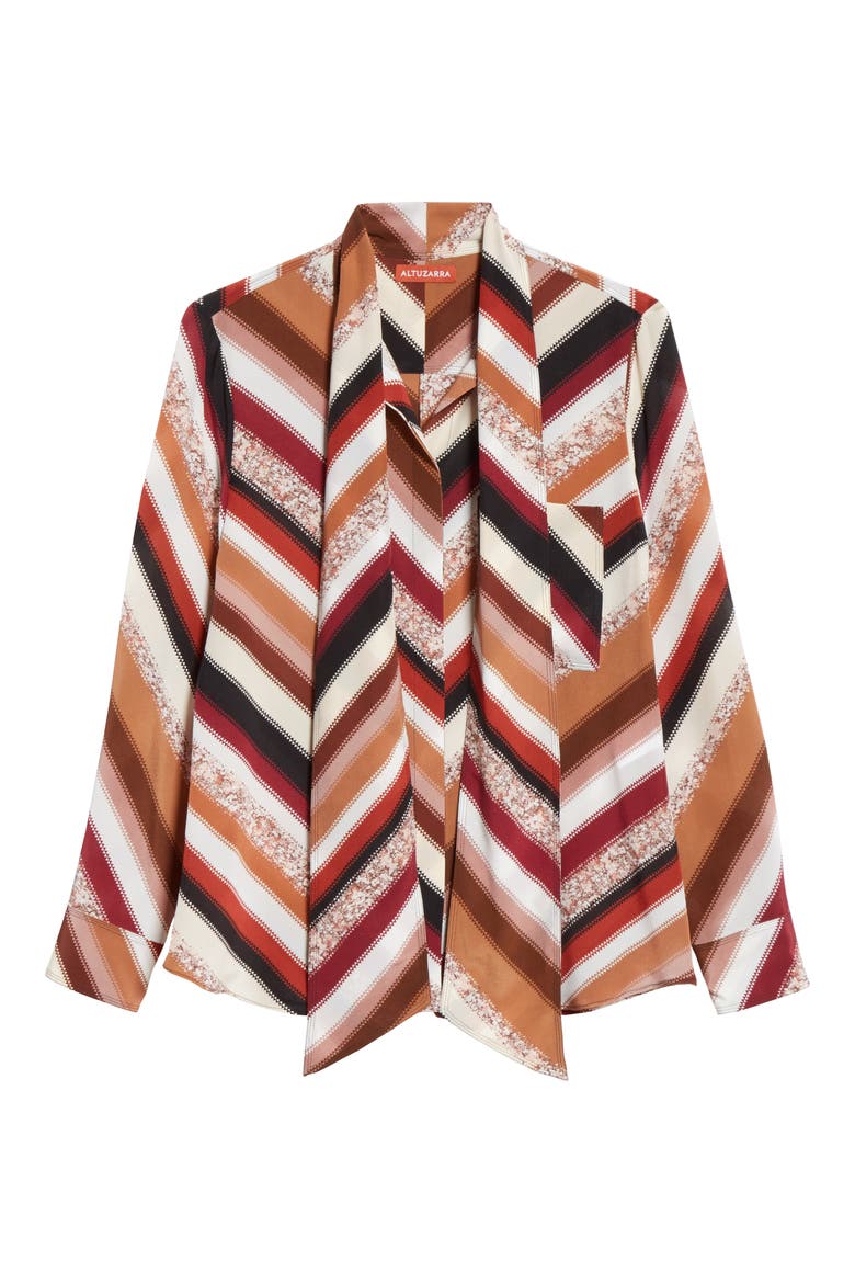 Tie Neck Chevron Print Silk Blouse, Alternate, color, AUBURN MULTI