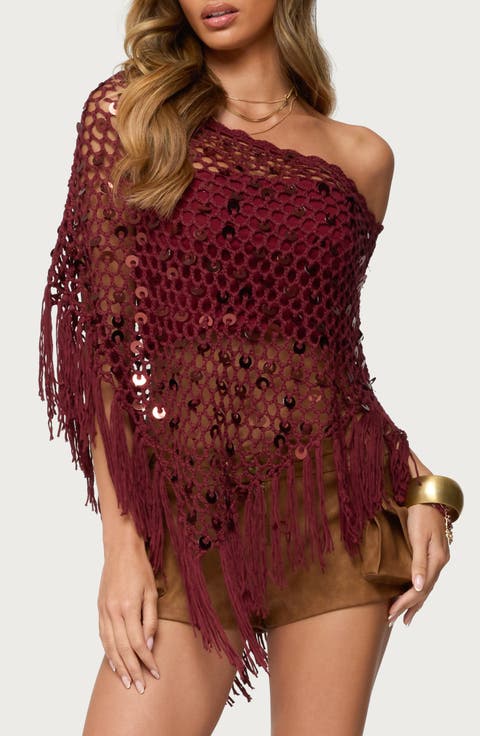 Open Stitch Sequin Fringe Poncho