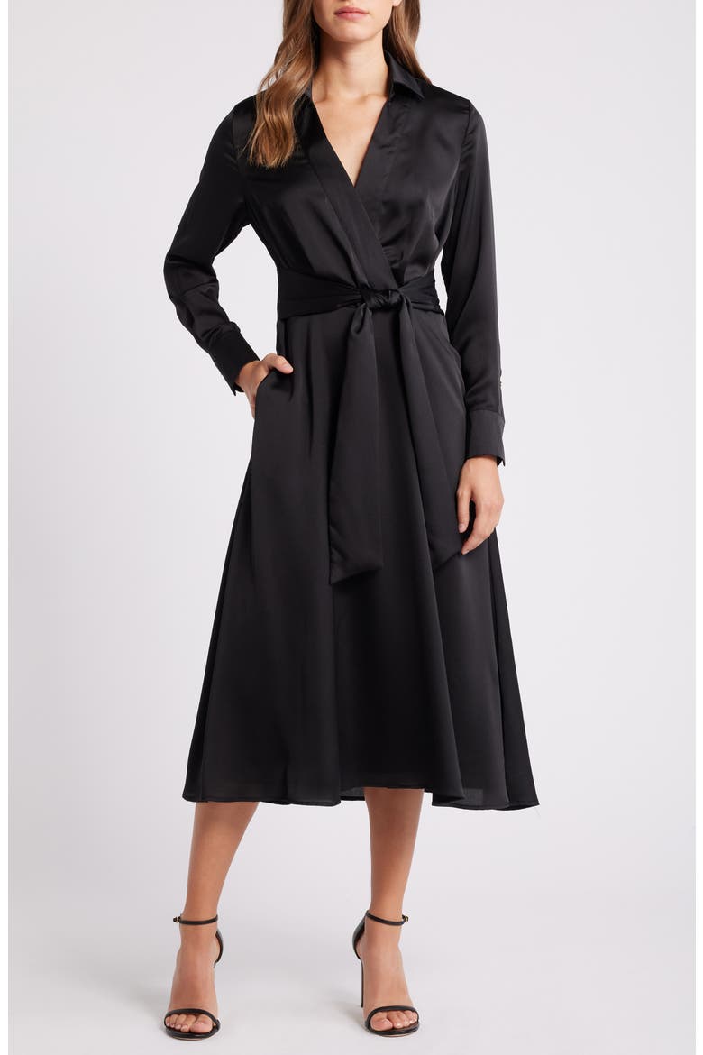 Long Sleeve Hammered Satin Wrap Front Shirtdress, Main, color, BLACK