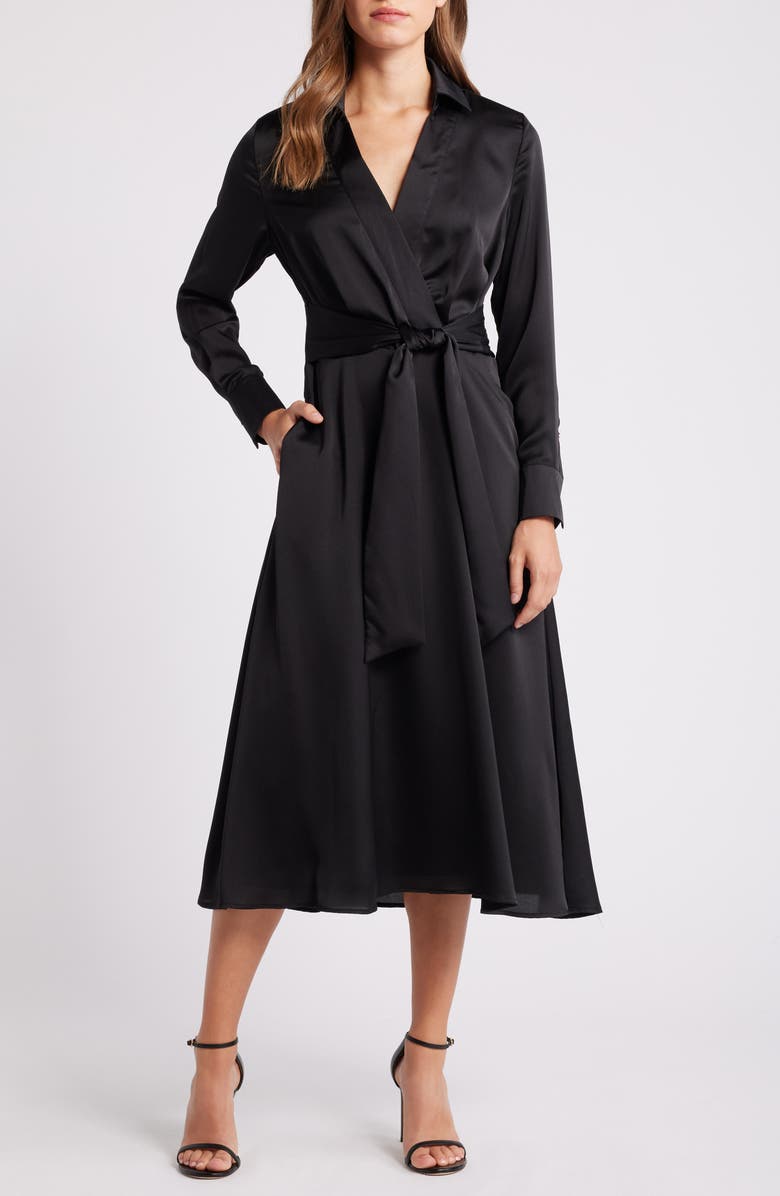 Tahari ASL Long Sleeve Hammered Satin Wrap Front Shirtdress, Main, color, 