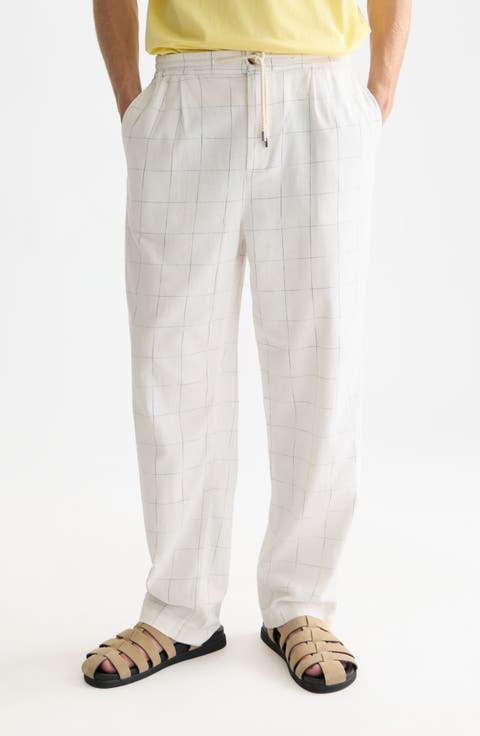 Pleated Relaxed Straight Fit Cotton & Linen Blend Pants