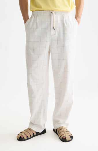 Pleated Relaxed Straight Fit Cotton & Linen Blend Pants
