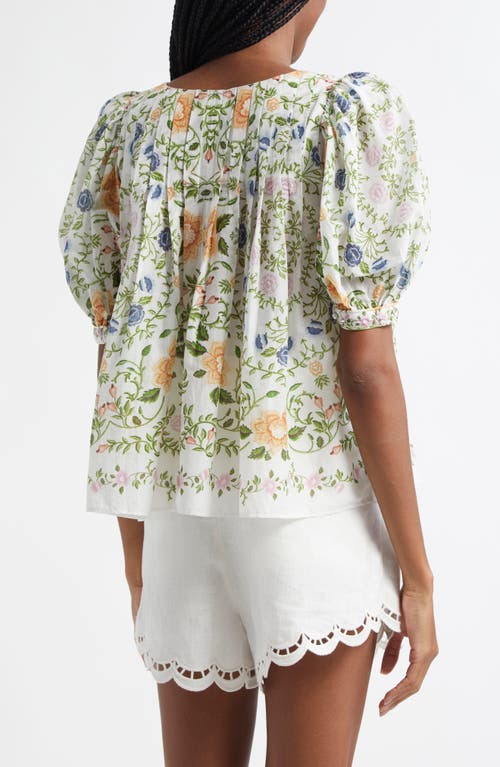 Farm Rio Scoop Neck Short Sleeve Blouse Folk Floral Off-white In Off-white