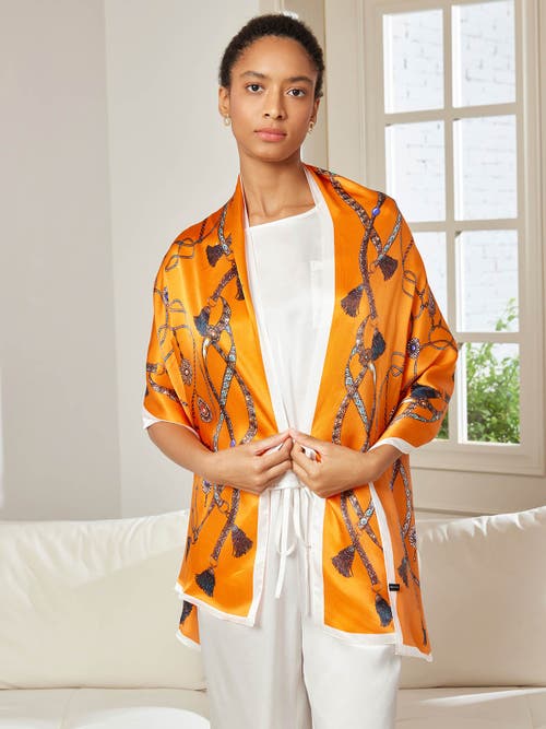 Silksilky 100% Mulberry Silk Printed Rectangular Long Shawl Scarf 170x53cm In Orange