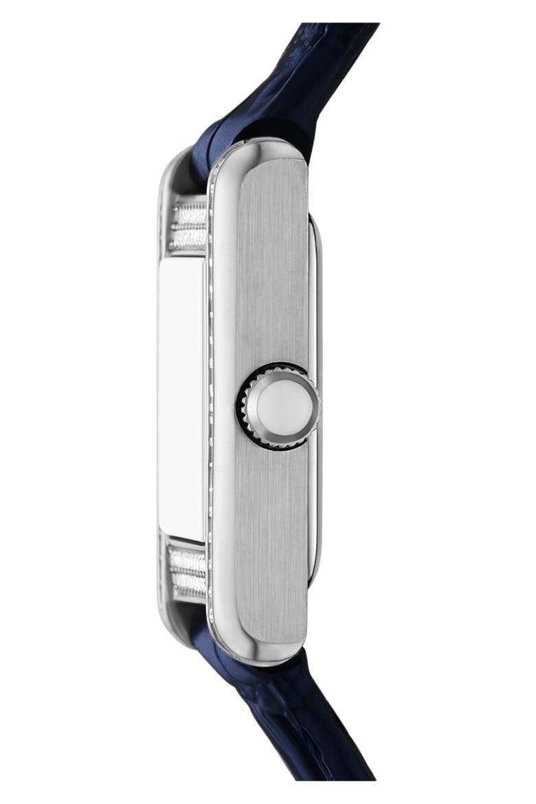 Crystal Bezel Tank Leather Strap Watch, 19mm x 26mm, Alternate, color, BLUE