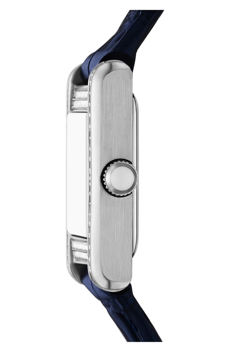 Emporio Armani Crystal Bezel Tank Leather Strap Watch, 19mm x 26mm, Alternate, color, Blue