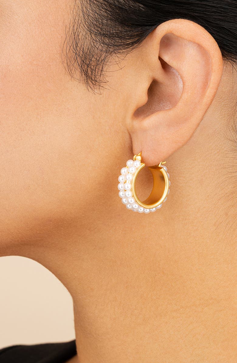 Sterling Forever Regina Double Faux Pearl Hoop Earrings, Alternate, color, Gold