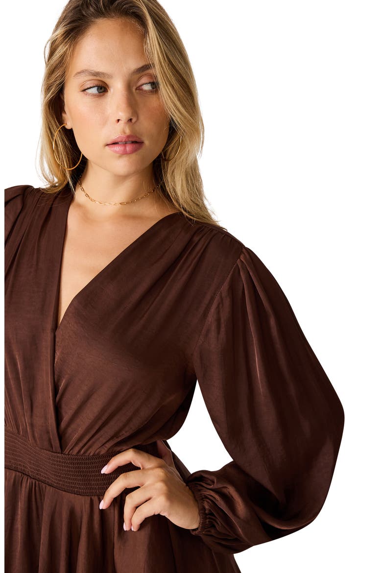 Bei Long Sleeve Tiered Satin Midi Dress, Alternate, color, SHAVED CHOCOLATE