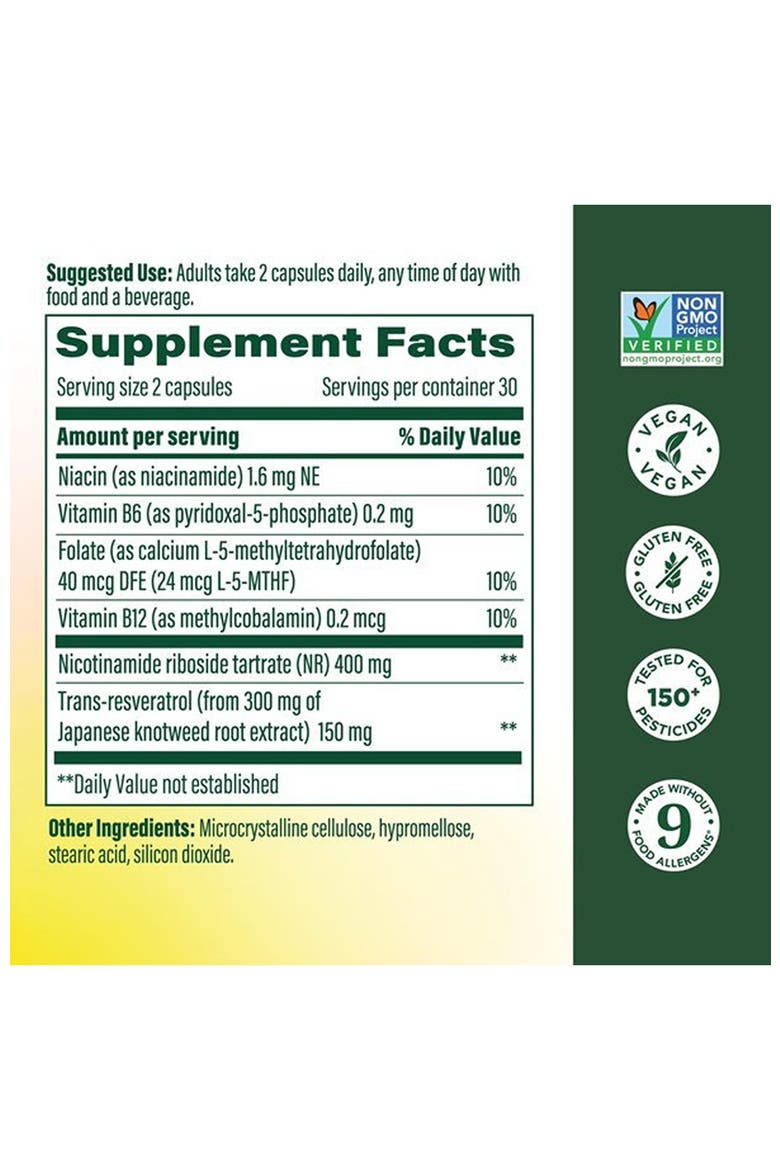NAD+ Supplement With Nicotinamide Riboside & Resveratrol, Healthy Aging, Non-GMO, 60 Capsules, Alternate, color, None