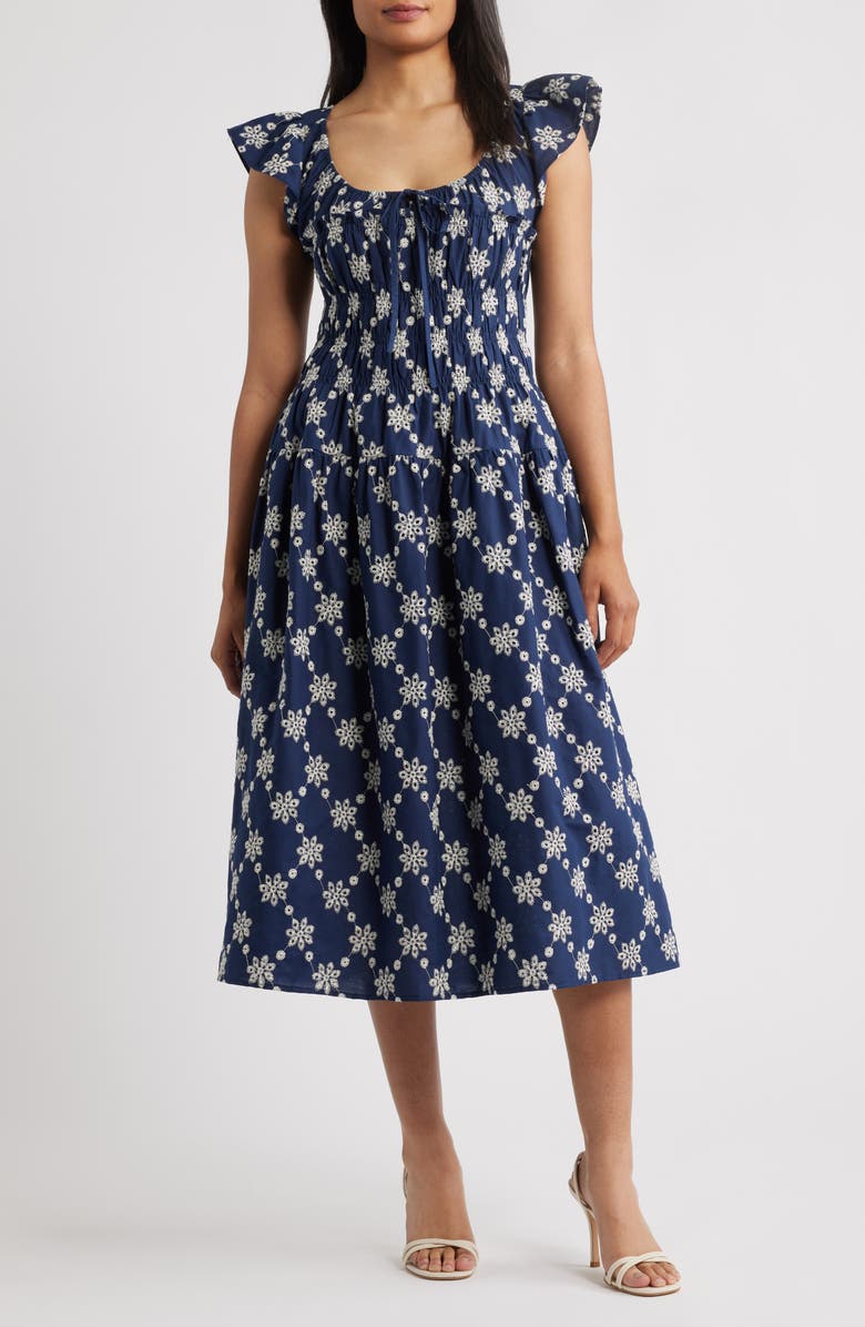Mila Mae Embroidered Flutter Sleeve Cotton Sundress, Main, color, Navy White