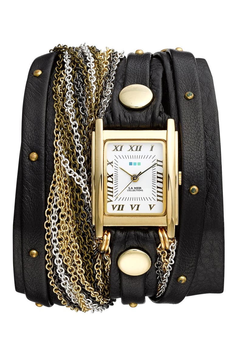 'Venice' Leather & Chain Wrap Bracelet Watch, 30mm x 23mm, Main, color, BLACK/ GOLD