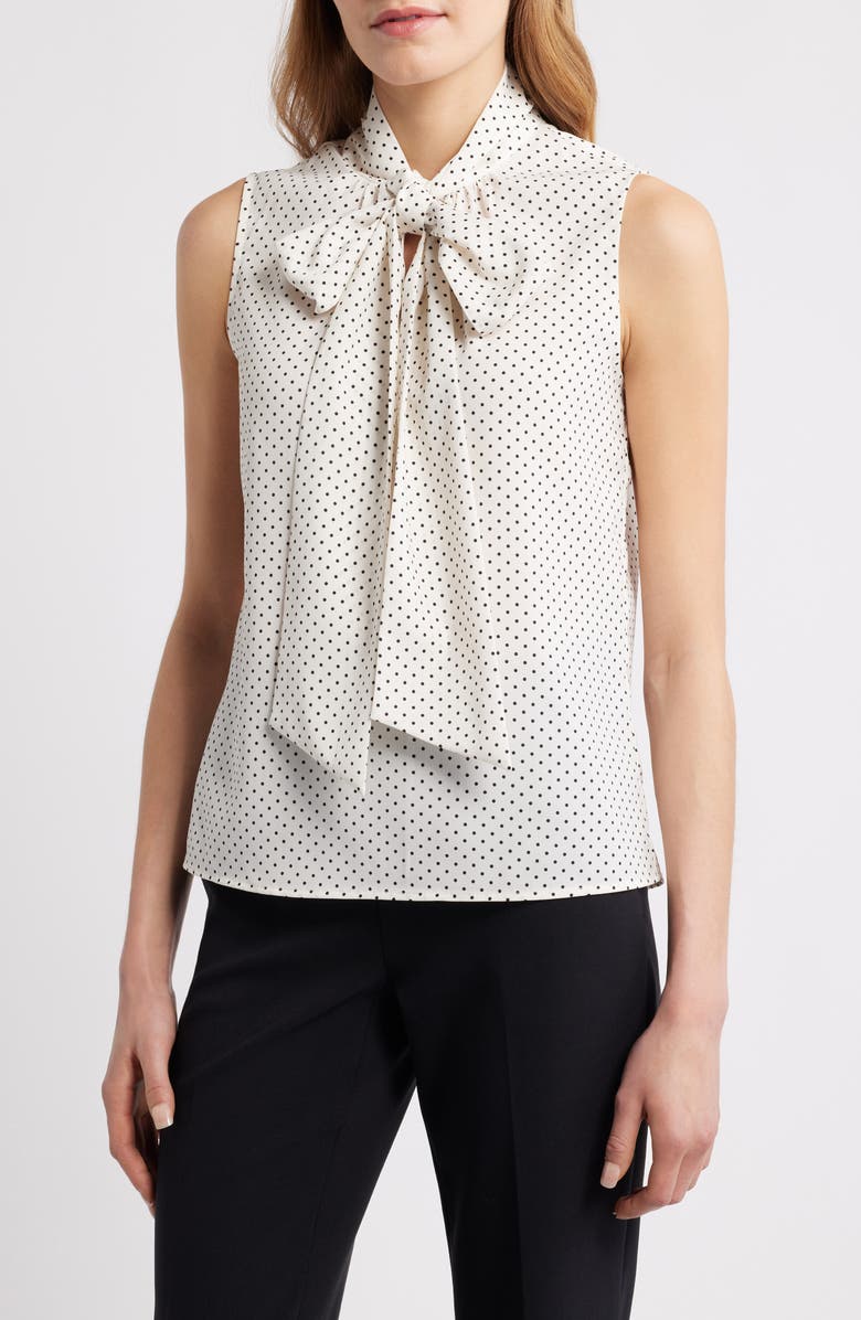 Anne Klein Polka Dot Bow Neck Blouse, Main, color, White Dove/ Anneblack