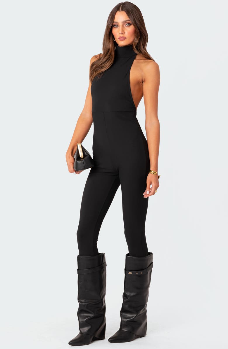 EDIKTED Aero Open Back Halter Jumpsuit, Alternate, color, Black