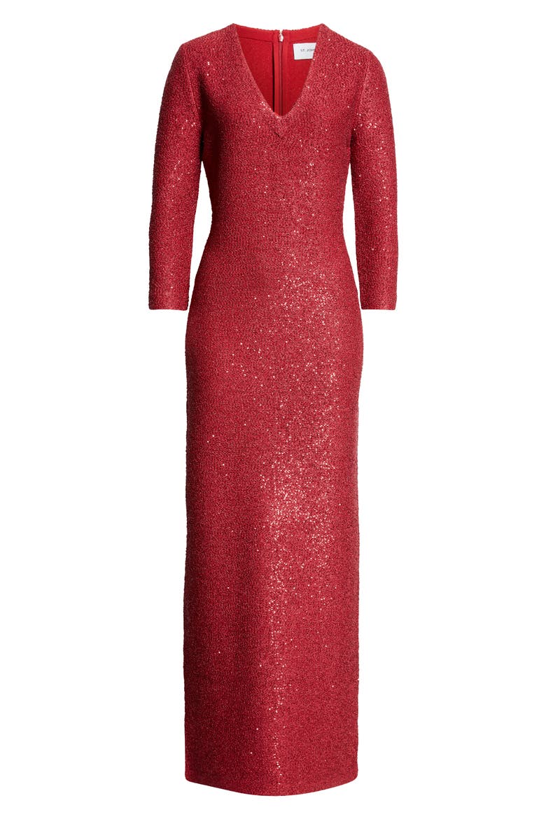 Sequin Metallic V-Neck Knit Gown, Alternate, color, HAUTE RED