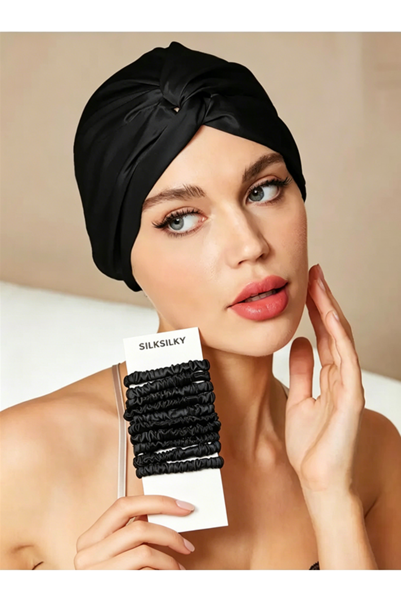 Silk Bonnet & Scrunchie Set for Sleep & Styling, Main, color, Black