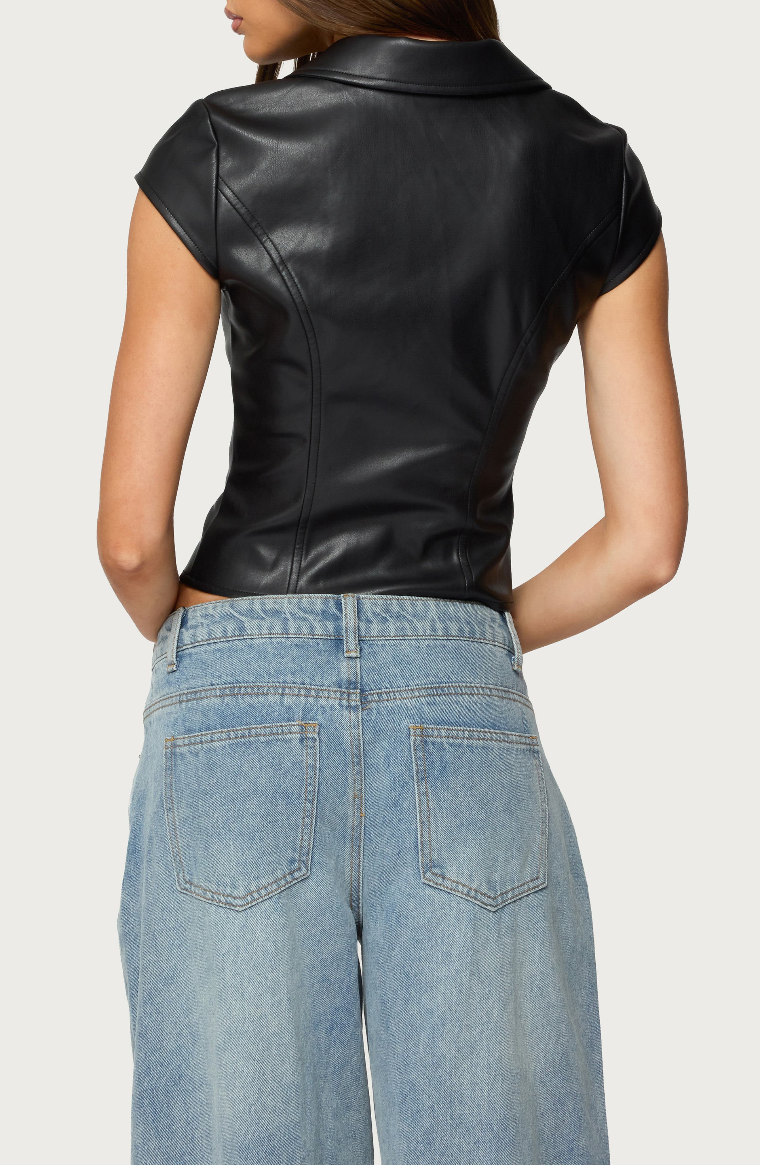 Tailored Faux Leather Short Sleeve Button-Up Shirt - image 2