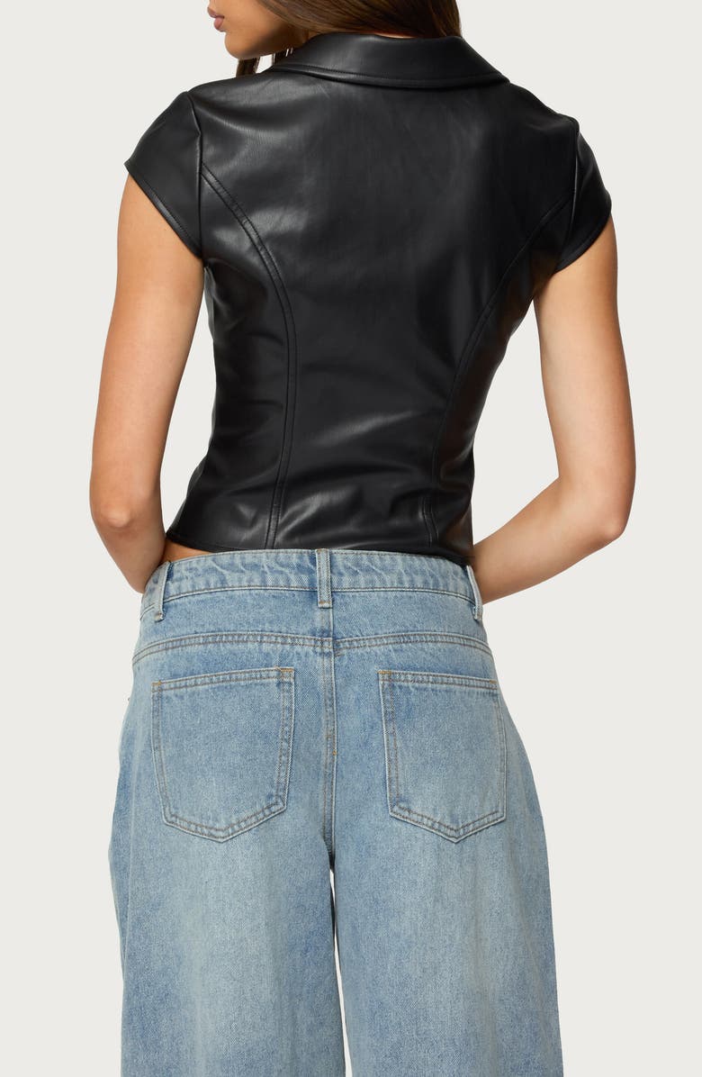 EDIKTED Tailored Faux Leather Short Sleeve Button-Up Shirt, Alternate, color, Black