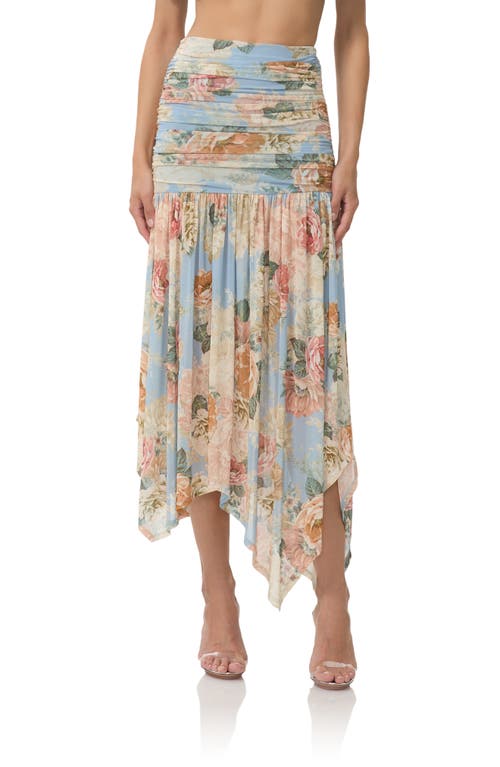 Afrm Estella Ruched Handkerchief Hem Midi Skirt In Blue
