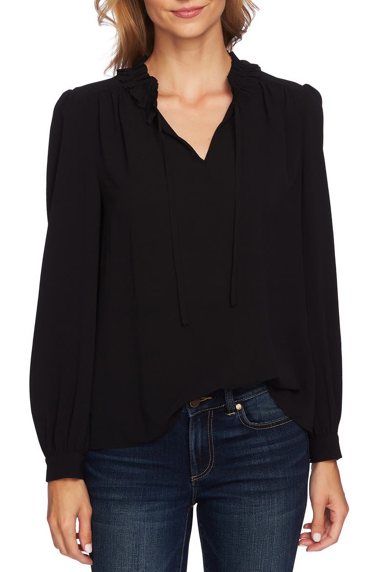 Ruffle Split Tie Neck Blouse, Main, color, RICH BLACK