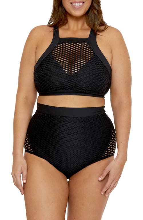 Becca Etc Plus Size Castaway Textured High-neck Bikini Top In Black